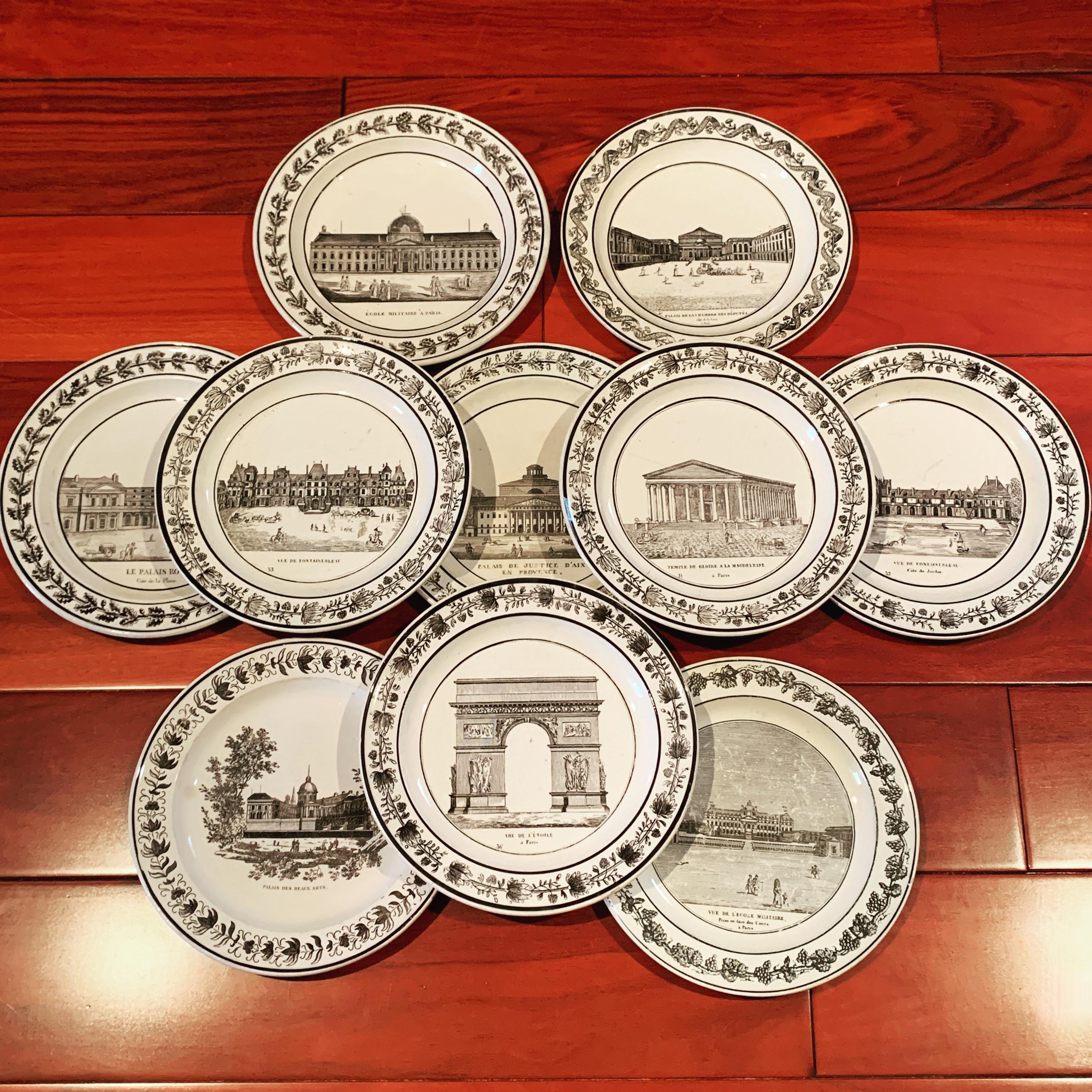 PH Choisy French Creamware Neoclassical Temple à Paris Architecture Plate For Sale 7