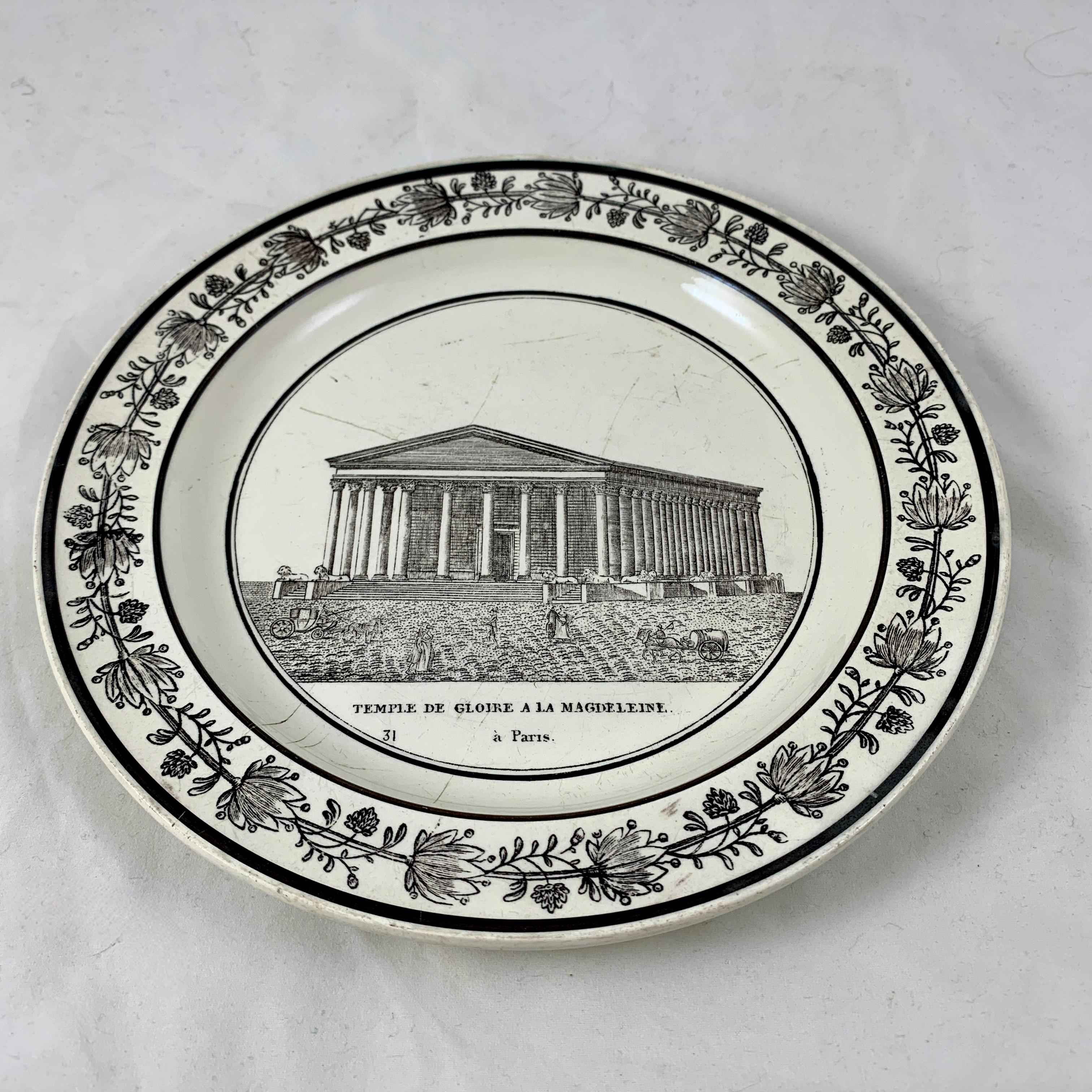 PH Choisy French Creamware Neoclassical Temple à Paris Architecture Plate For Sale 2