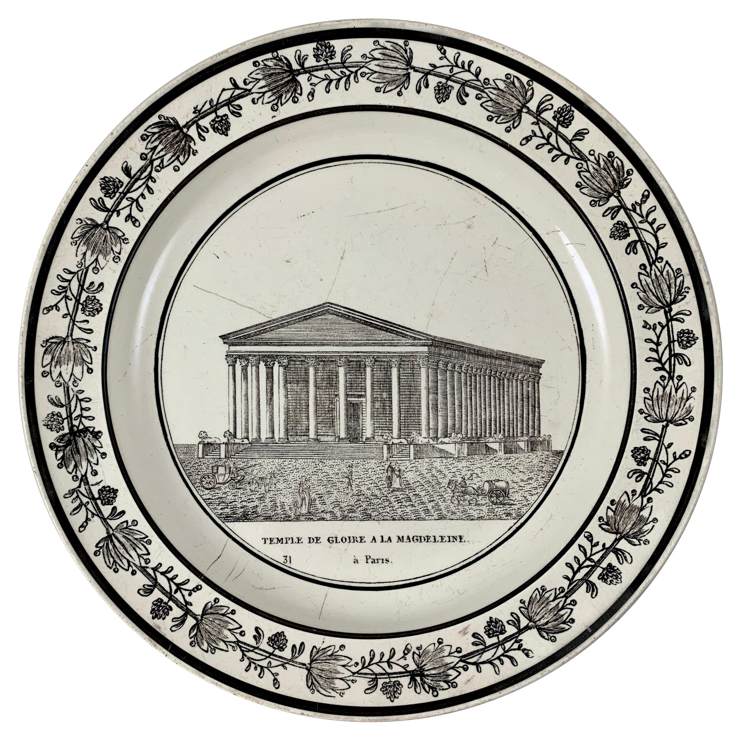 PH Choisy French Creamware Neoclassical Temple à Paris Architecture Plate For Sale