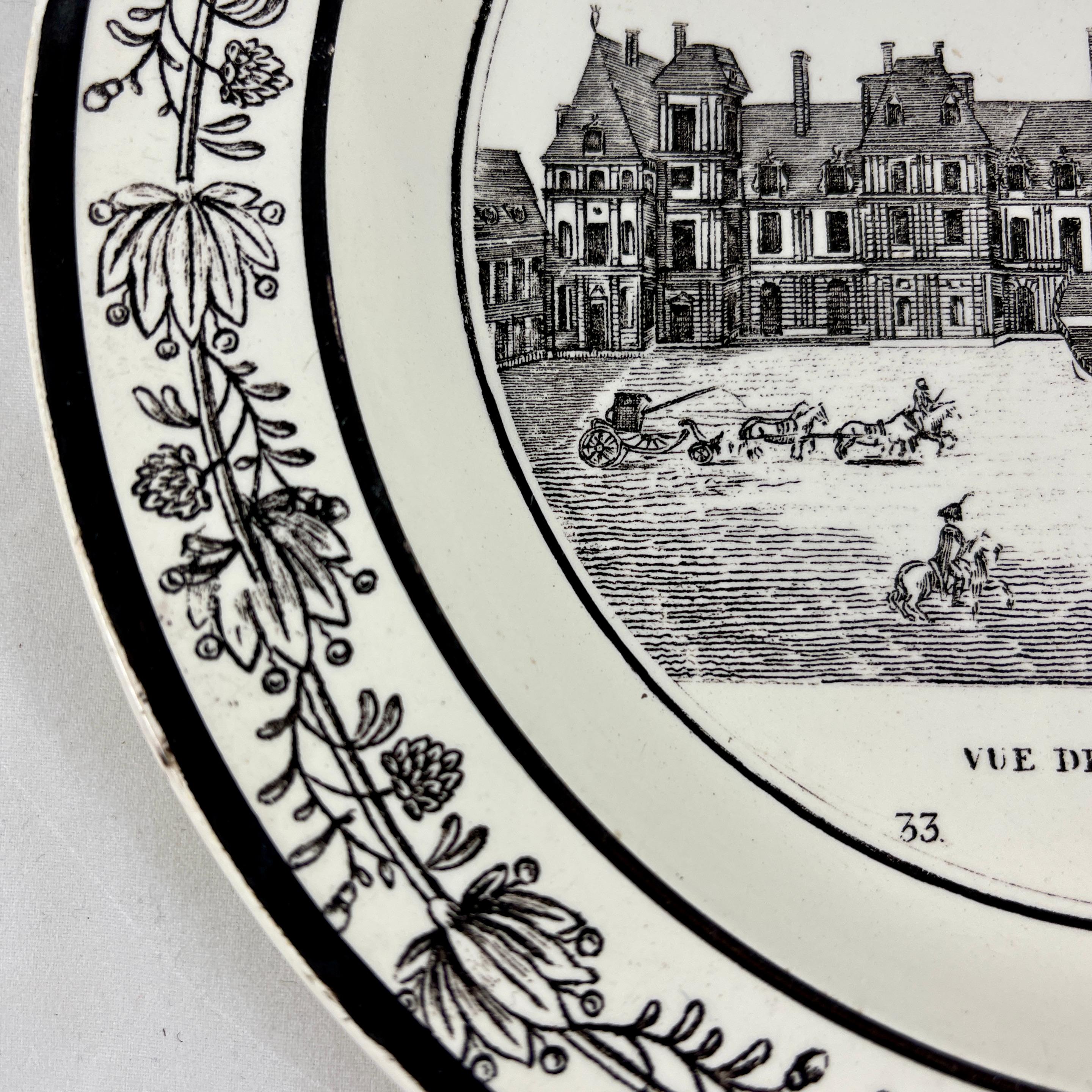 Enameled PH Choisy French Creamware Vue de Fontainbleu à Paris Architecture Plate For Sale