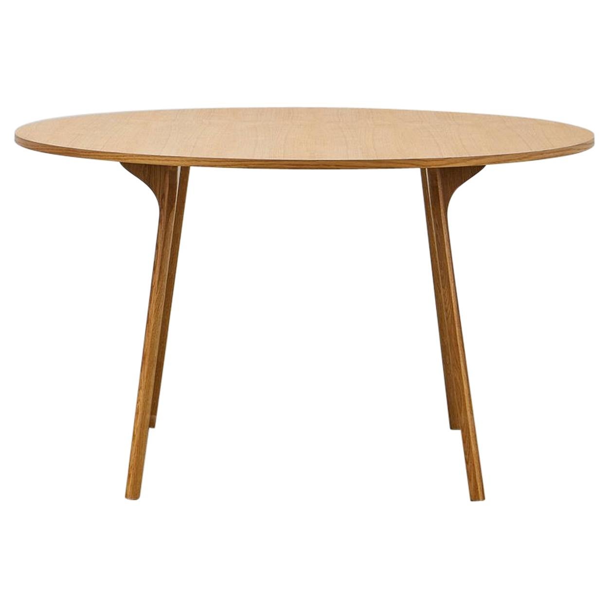 Table circulaire PH, pieds en bois de chêne naturel, plaque de table en placage et bordure