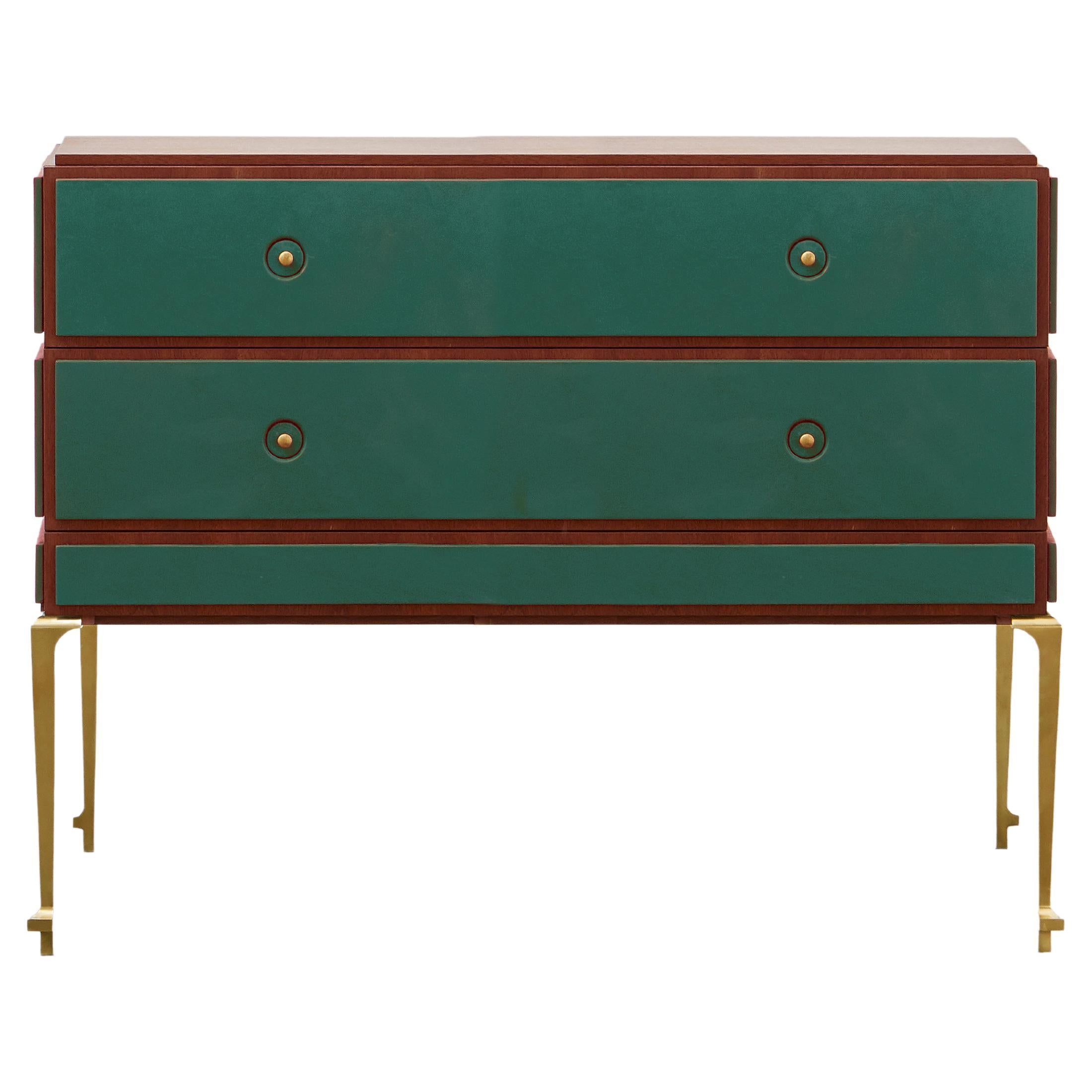 PH Grand Chest of Drawers, Mahogany, Emerald Green Leather Panels, Brass Legs For Sale