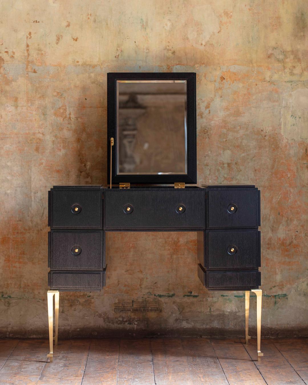 Contemporary PH Grand Dressing Table, brass legs, black oak veneer, white ash wood drawers For Sale