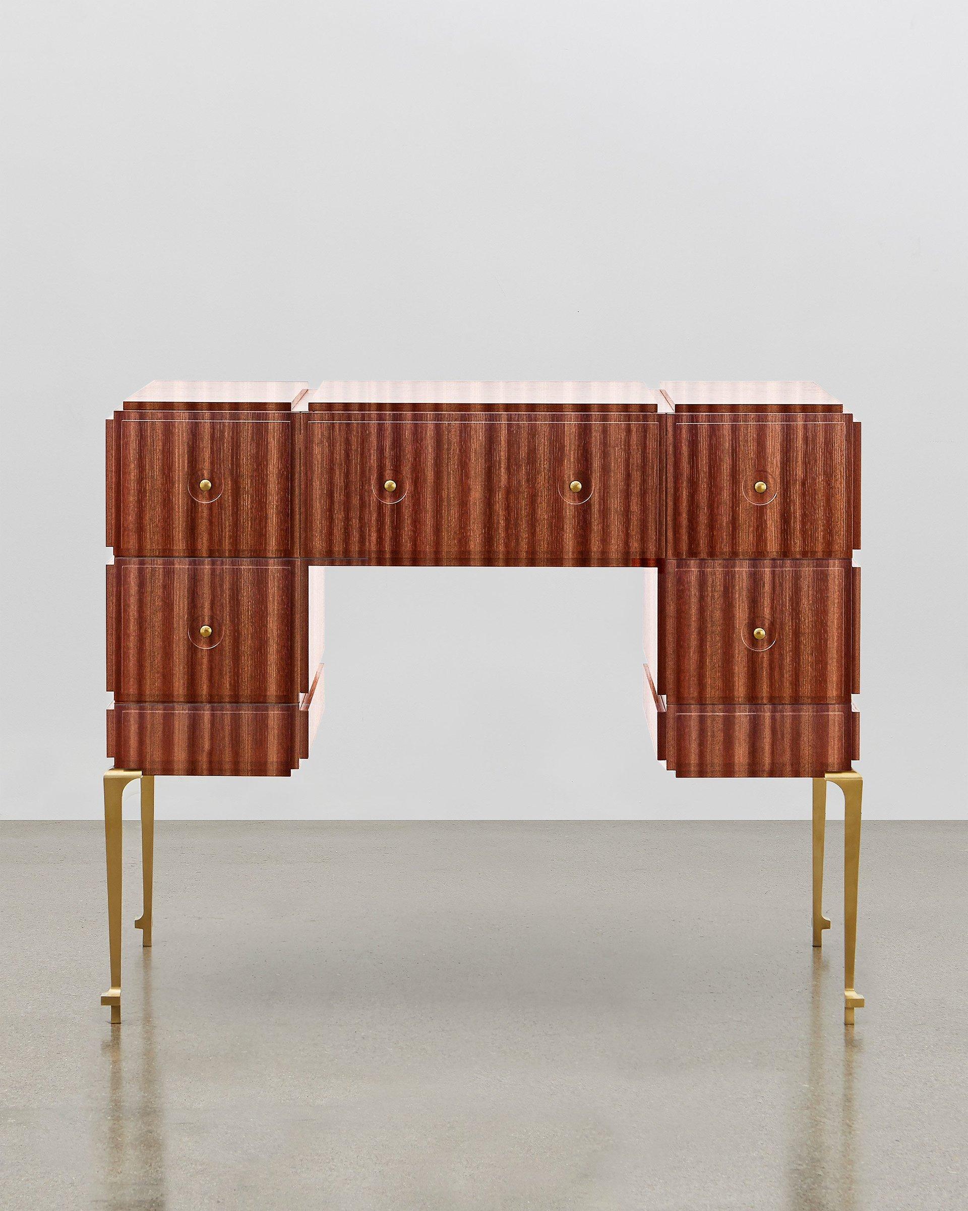 Bauhaus PH Grand Dressing Table, Brass Legs, Mahogany Veneer, White Ashwood Drawers For Sale