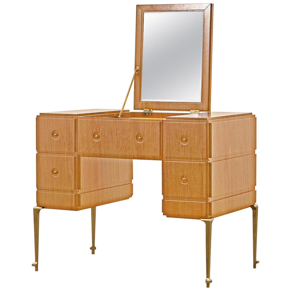 PH Grand Dressing Table, brass legs, natural oak veneer, white ash wood drawers For Sale
