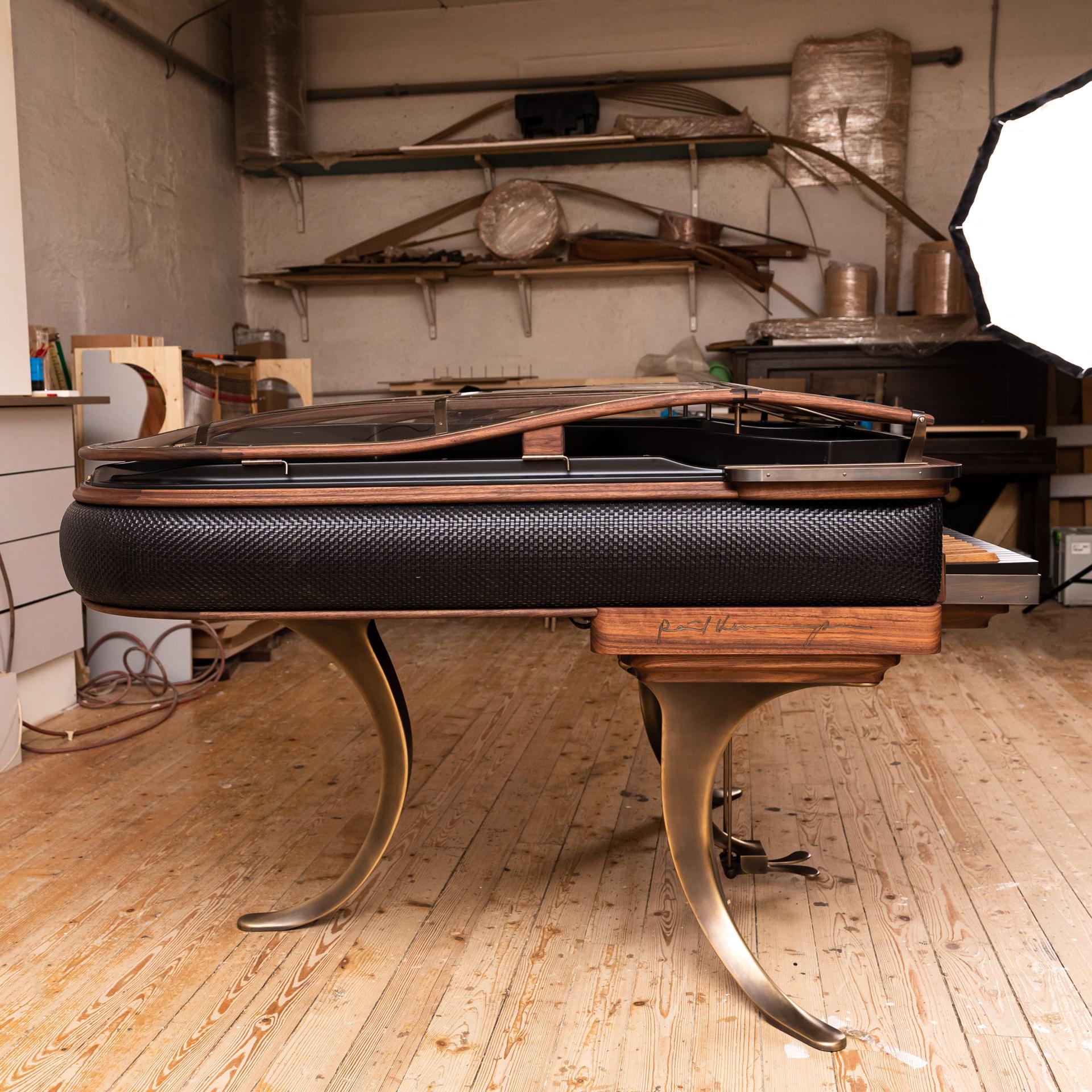 Bauhaus Ph Grand Piano PH159 Legacy, Black Woven Leather, Oxidized Brass, Walnut Wood For Sale