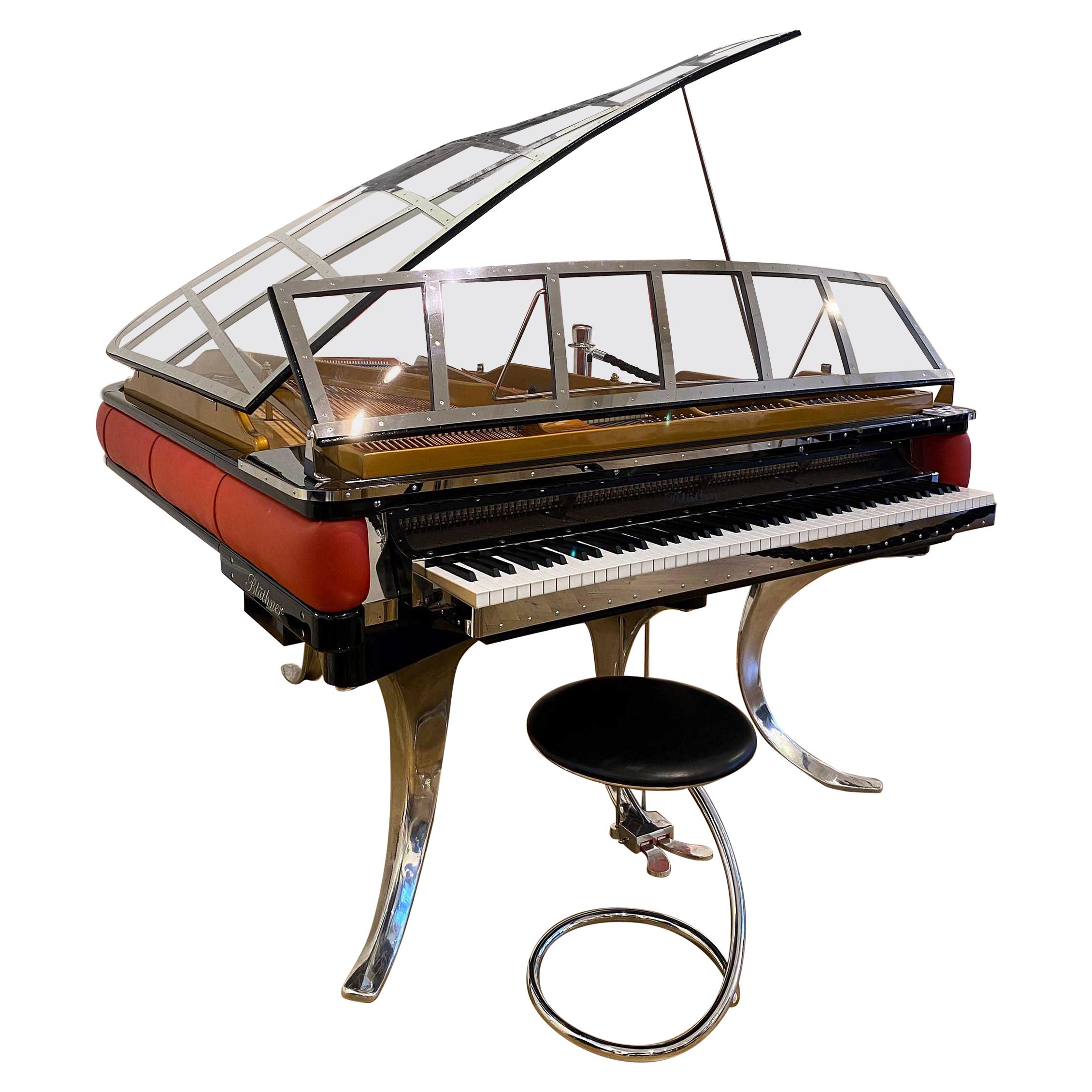 PH Grand Piano PH186 Excellence, Red Leather and Chrome Lid, Modern, Sculptural