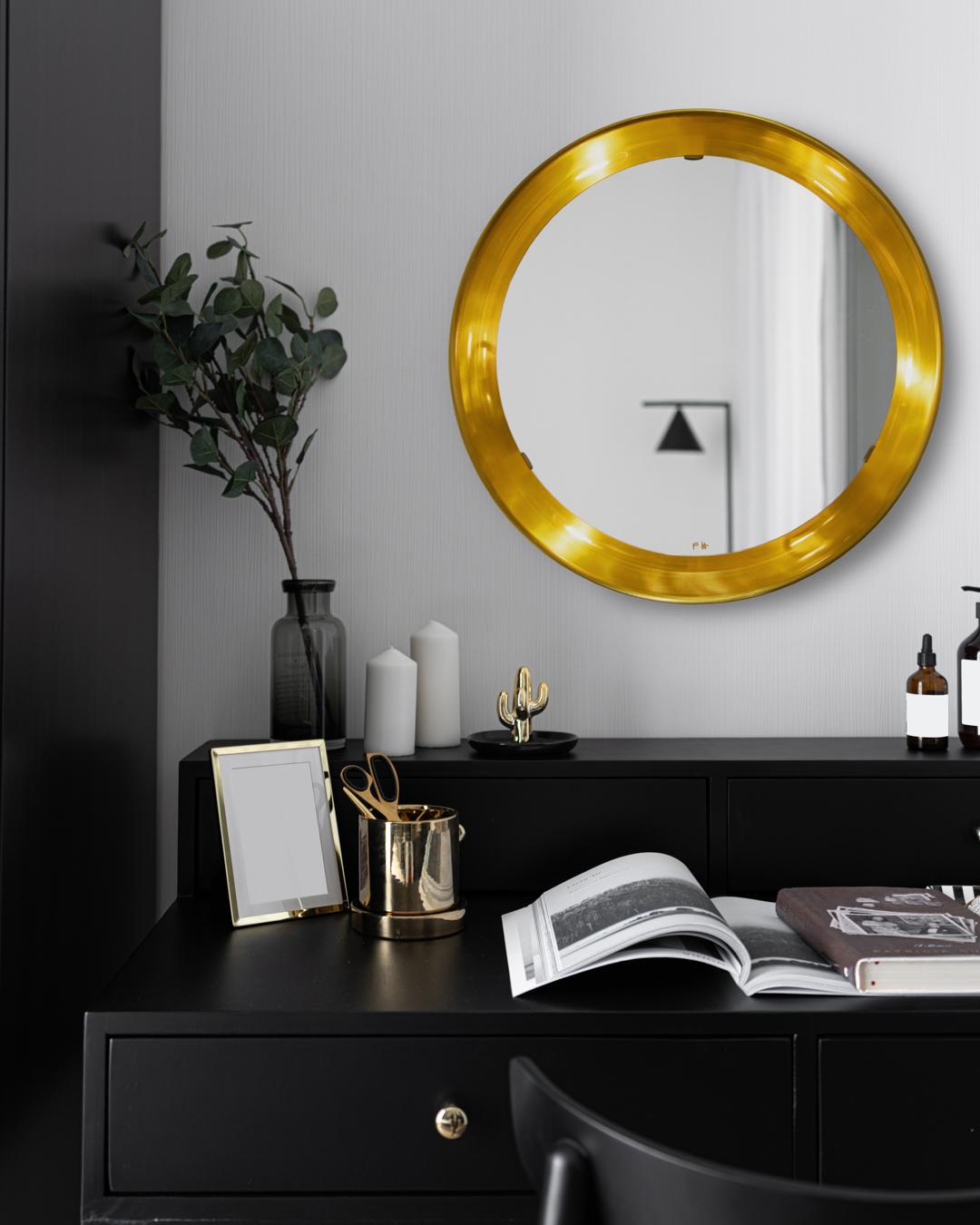 Danish PH Mirror, brass brushed, diameter 500mm, on/off pull cord, ph initials For Sale