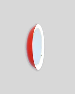PH Mirror, red painted satin matt, diameter 500mm, on/off pull cord, ph initials