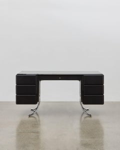 PH Office Desk, Chrome, Black Painted Polished, Leather on Panles, Satin Matt