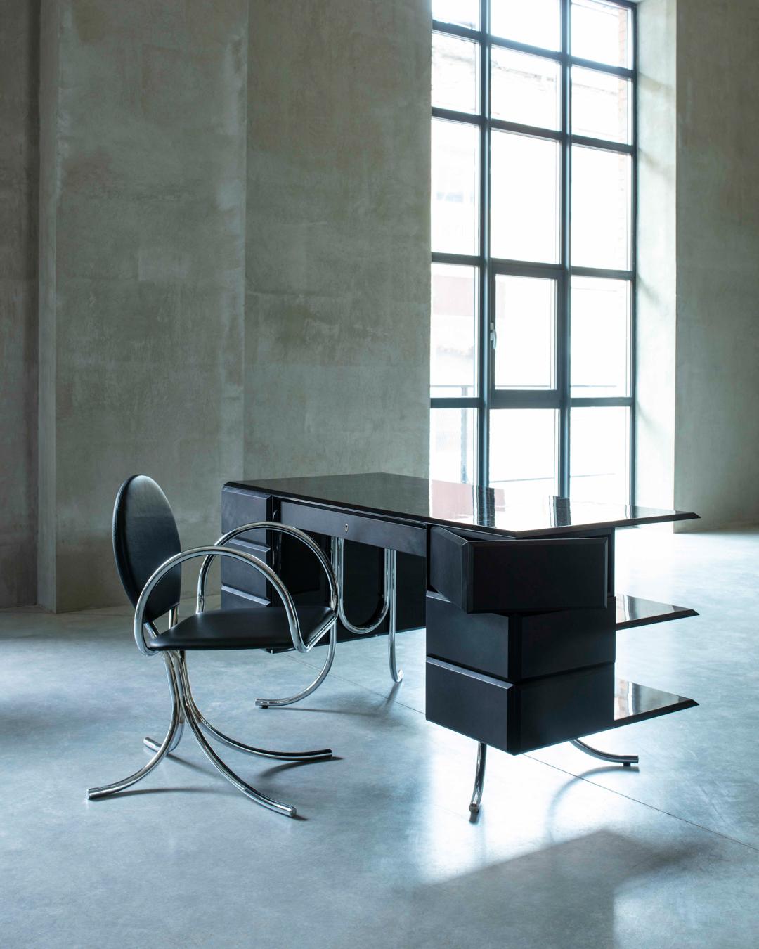 Bauhaus PH Office Desk, Chrome, Black Painted Polished, Leather on Panles, Satin Matt For Sale