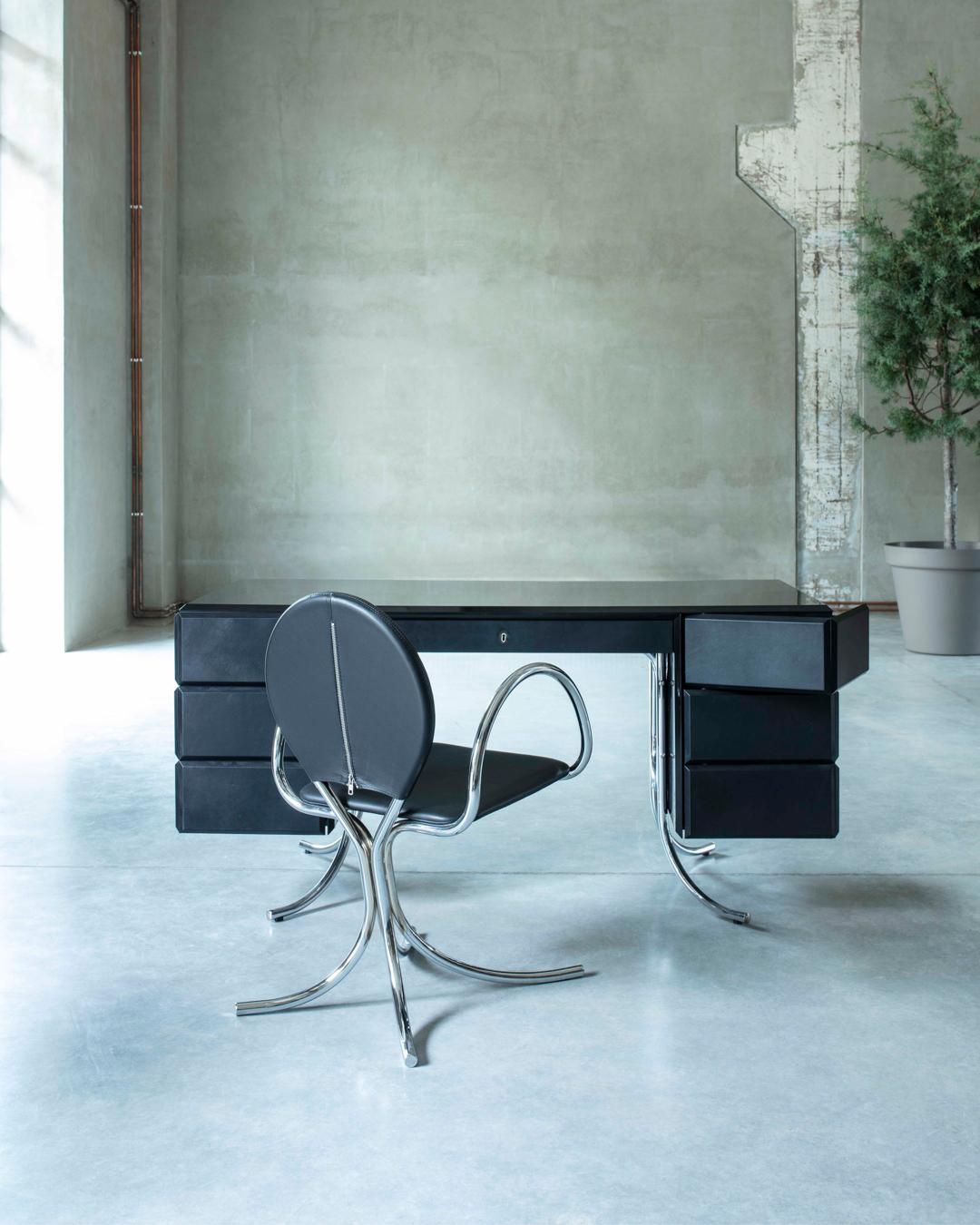 Danish PH Office Desk, Chrome, Black Painted Polished, Leather on Panles, Satin Matt For Sale