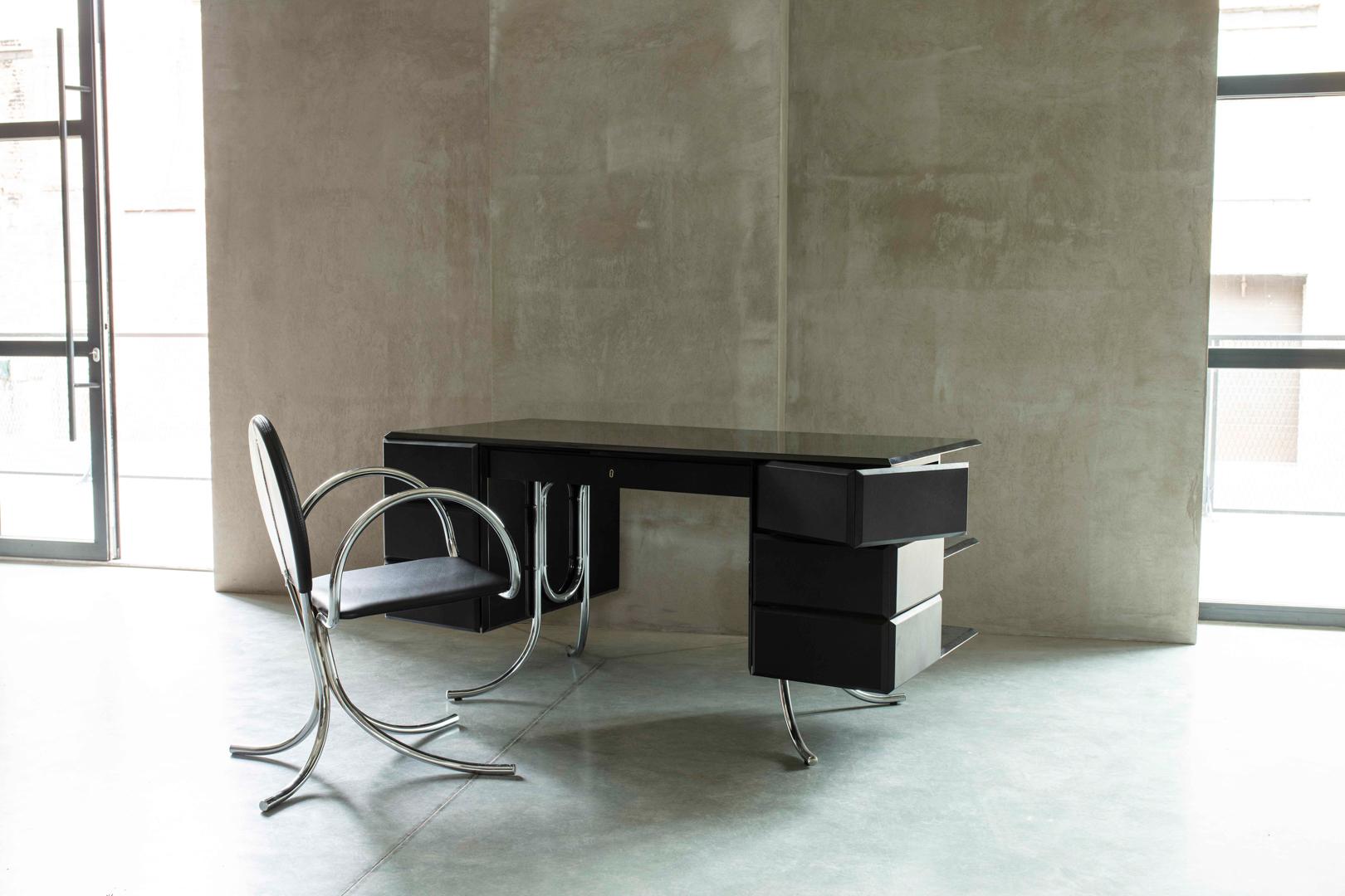 PH Office Desk, Chrome, Black Painted Polished, Leather on Panles, Satin Matt In New Condition For Sale In Copenhagen, DK