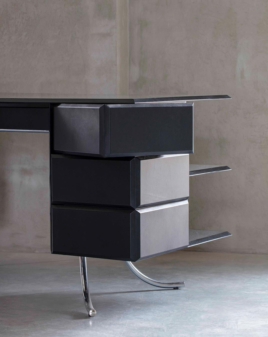 Contemporary PH Office Desk, Chrome, Black Painted Polished, Leather on Panles, Satin Matt For Sale