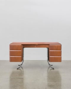 PH Office Desk, Chrome, Mahogany Venee, Red Satin Matt, Solid Wood Edges