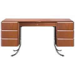 PH Office Desk, Chrome, Mahogany Venee, Red Satin Matt, Solid Wood Edges