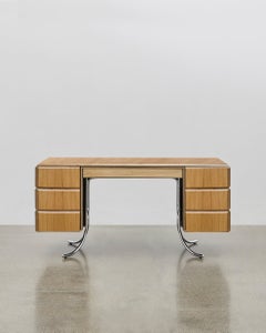 PH Office Desk, Chrome, Natural Oak Veneer, Green Satin Matt, Plywood Edges