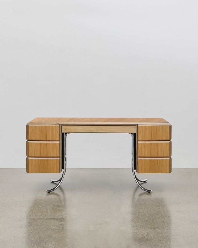 PH Office Desk, Chrome, Natural Oak Veneer, Green Satin Matt, Plywood