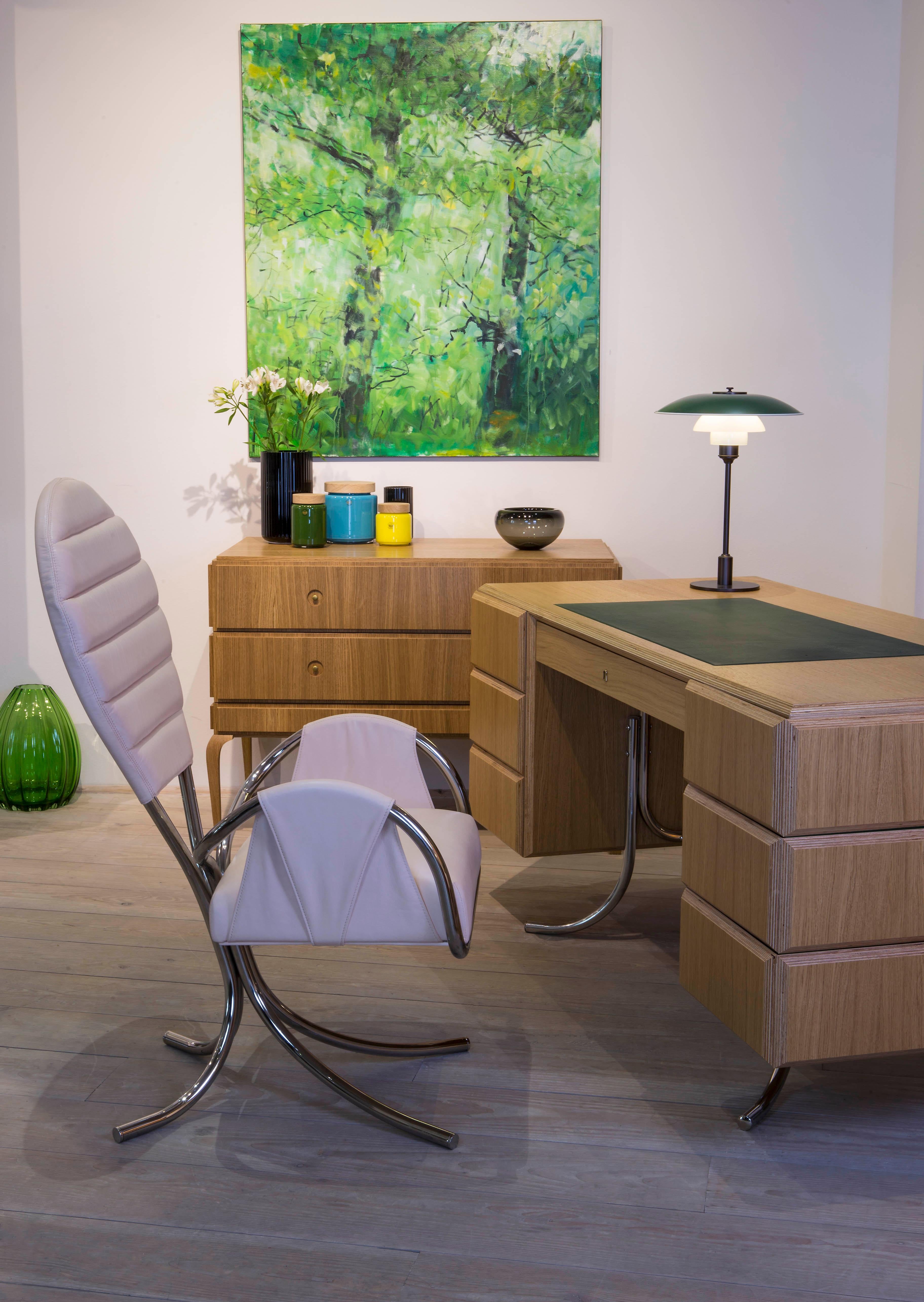 Escritorio de Oficina PH, Cromado, Chapa de Roble Natural, Verde Satinado Mate, Bordes Contrachapados Danés en venta