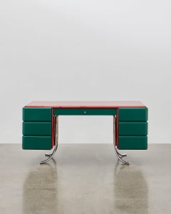PH Office Desk, Red Painted, Emerald Green Leather, Chrome, Satin Matte Drawers