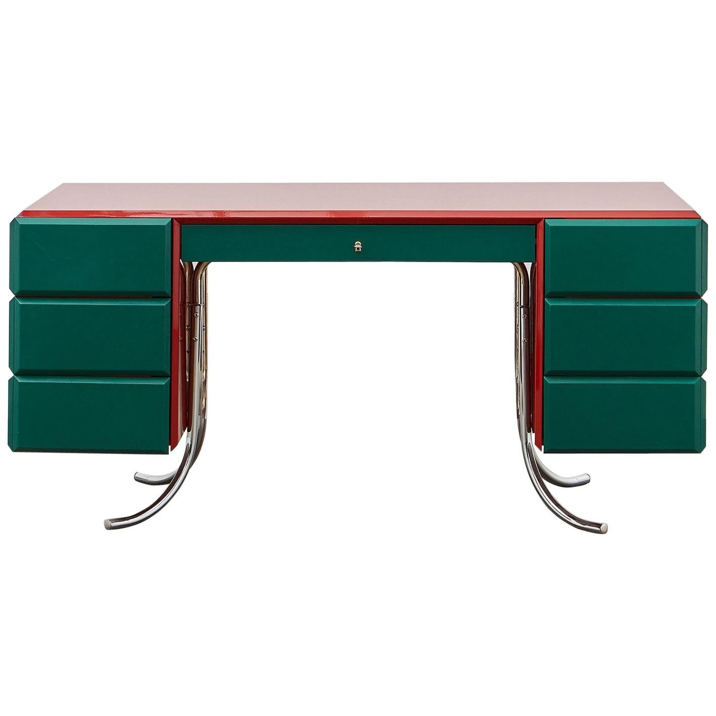 PH Office Desk, Red Painted, Emerald Green Leather, Chrome, Satin Matte Drawers For Sale