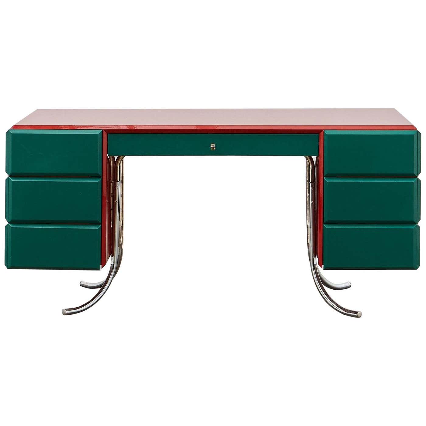 PH Office Desk, Red Painted, Emerald Green Leather, Chrome, Satin Matte ...
