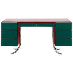PH Office Desk, Red Painted, Emerald Green Leather, Chrome, Satin Matte Drawers