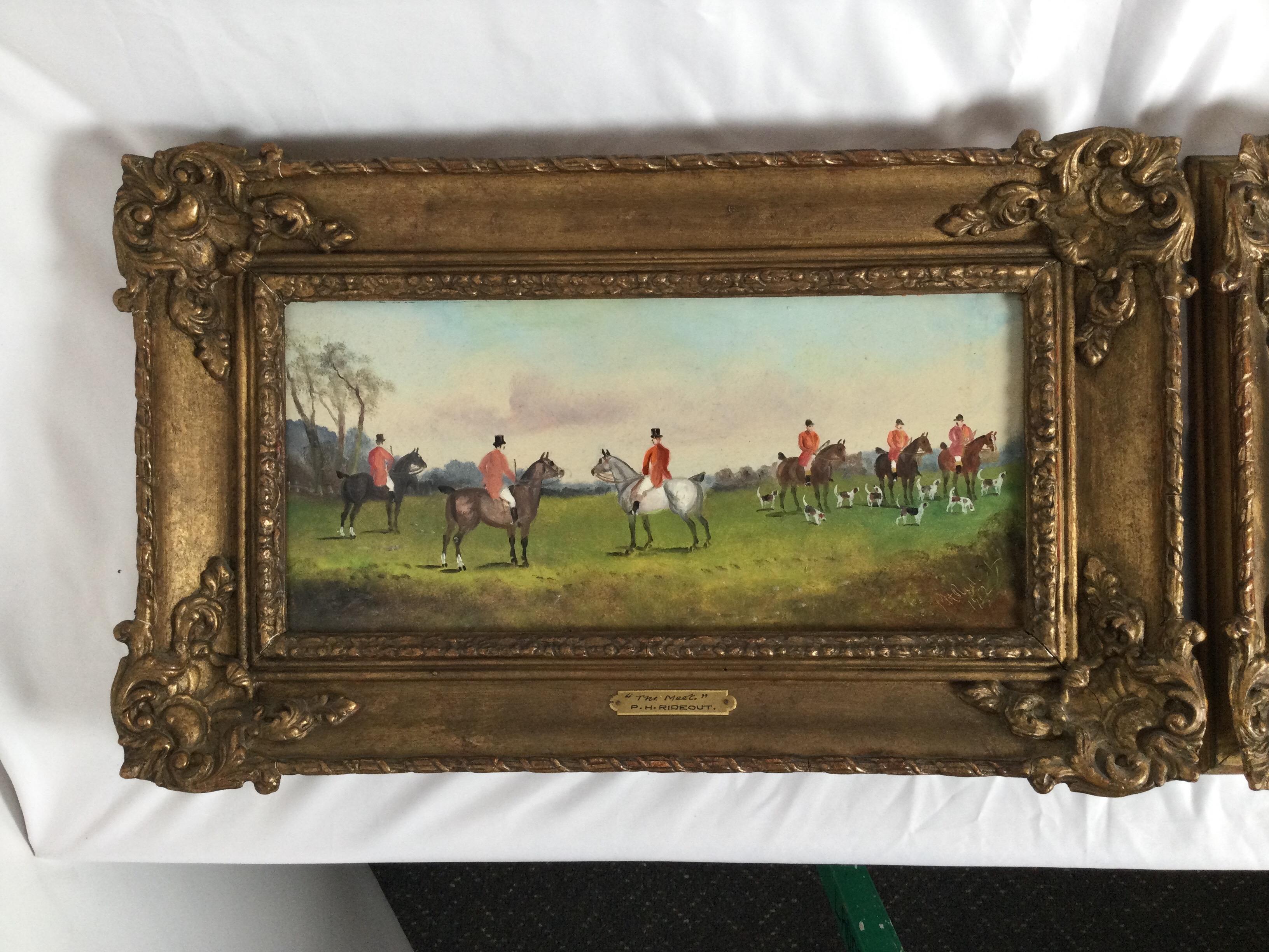 Pair P.H. Rideout fox hunt oil paintings in original frames. P.H. Rideout British 1850-1920. Signed on lower right and on brass plate. Dated 1902. Titled 