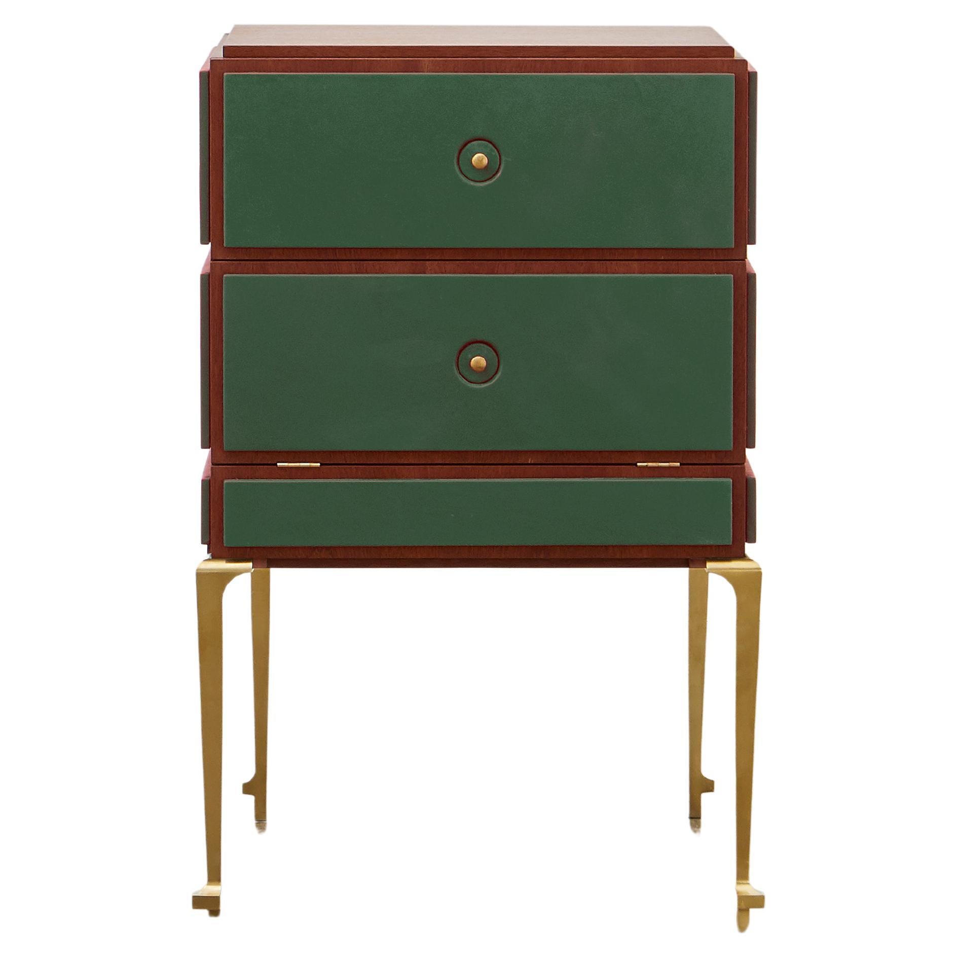 PH Small Drawer Chest, brass legs, mahogany veneer, green leather, ash drawers For Sale