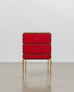 PH Small Drawer Chest, Brass Legs, Mahogany Veneer, Red Leather, Ash Drawers