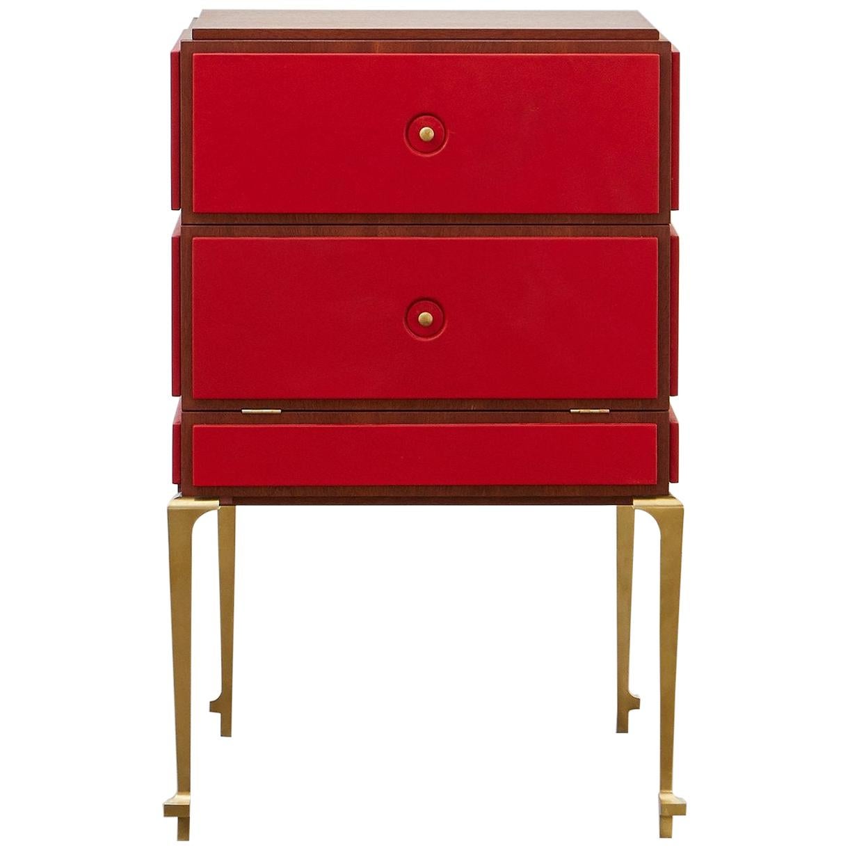 PH Small Drawer Chest, Brass Legs, Mahogany Veneer, Red Leather, Ash Drawers For Sale