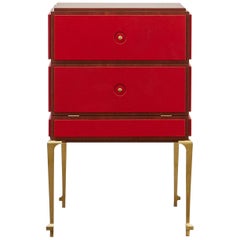 PH Small Drawer Chest, Brass Legs, Mahogany Veneer, Red Leather, Ash Drawers