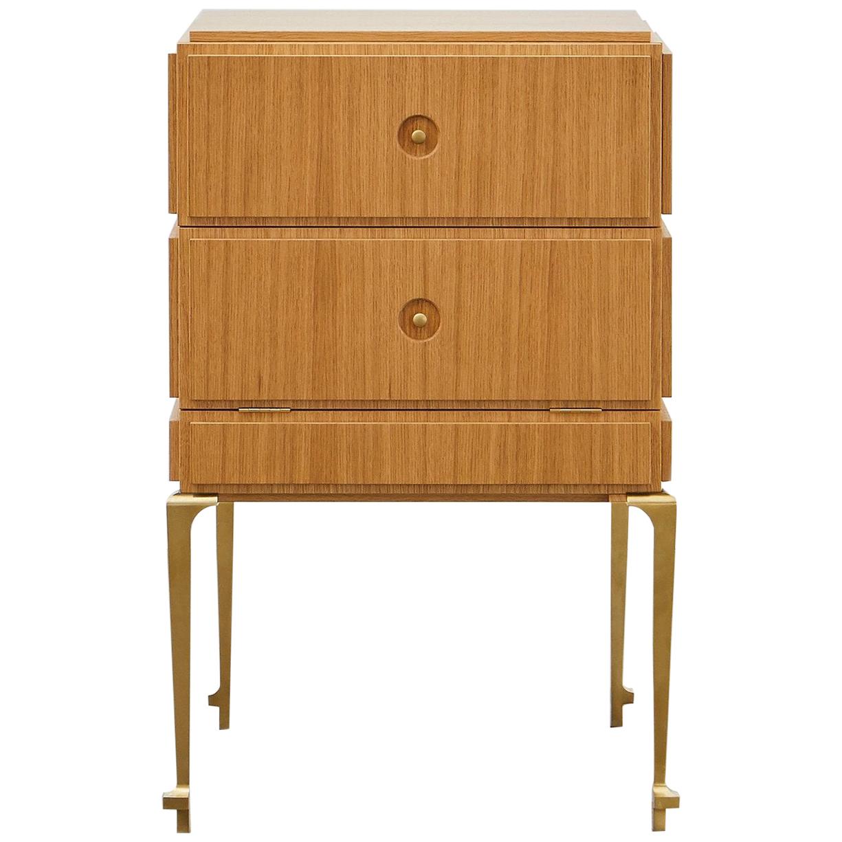 PH Small Drawer Chest, Brass Legs, Natural Oak Veneer, White Ashwood Drawers