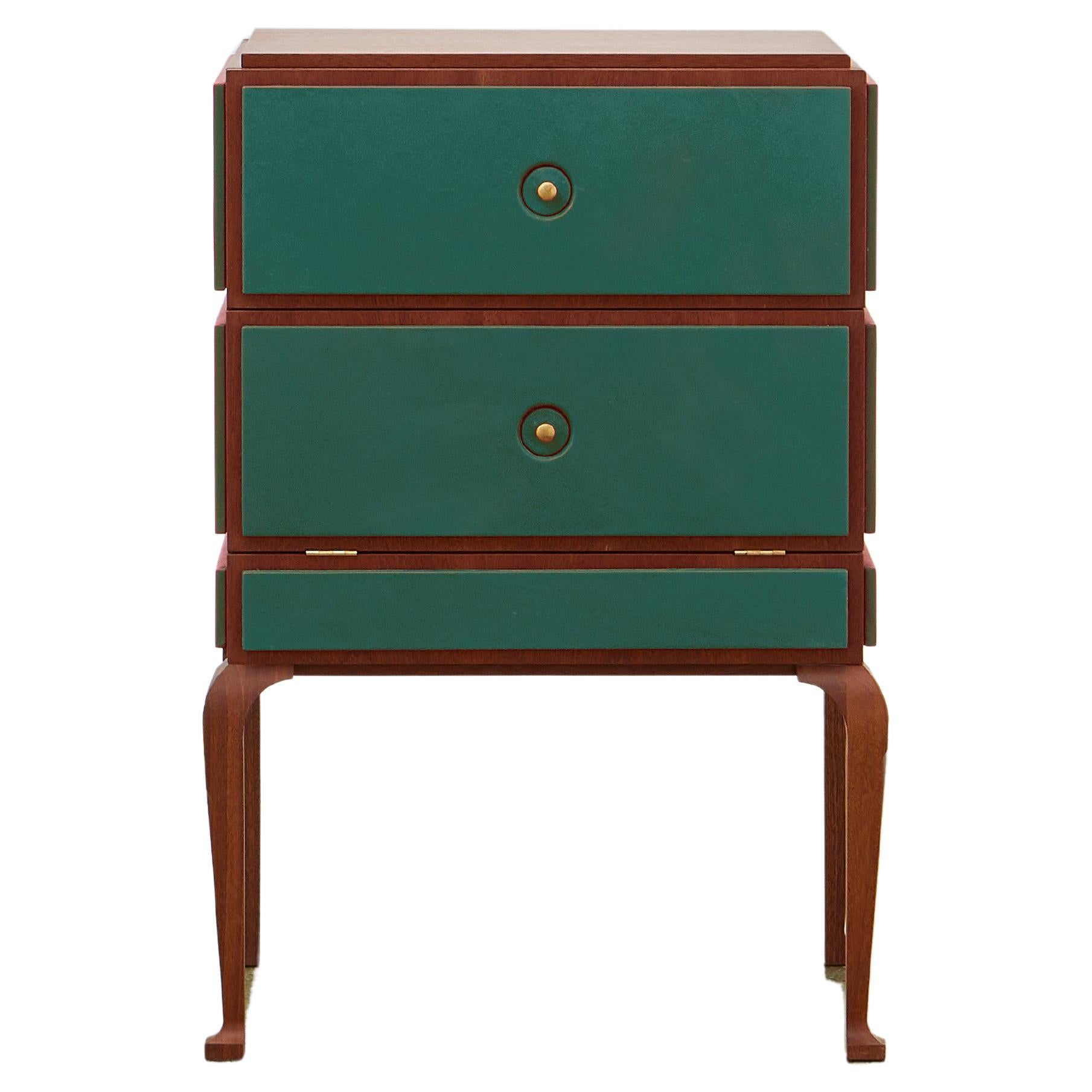 PH Small Drawer Chest, Mahogany, Emerald Green Leather, Wood legs, Ash Drawers