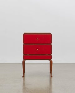 PH Small Drawer Chest, Wood Legs, Mahogany Veneer, Red Leather White Ash Drawers
