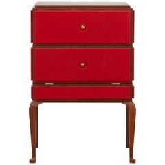 PH Small Drawer Chest, Wood Legs, Mahogany Veneer, Red Leather White Ash Drawers
