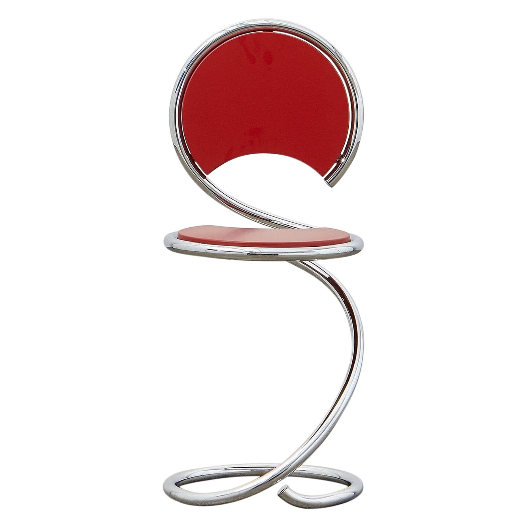 PH Snake Chair, chrome, red painted satin matt, wood seat/back, visible tubes