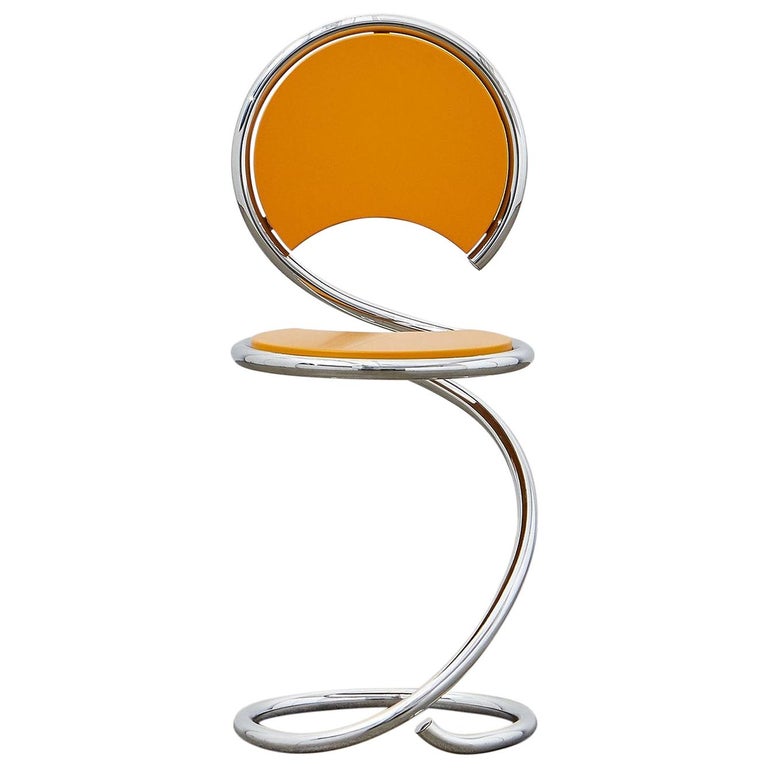 PH Snake Chair, chrome, yellow painted satin matt, wood seat/back, visible tubes For Sale
