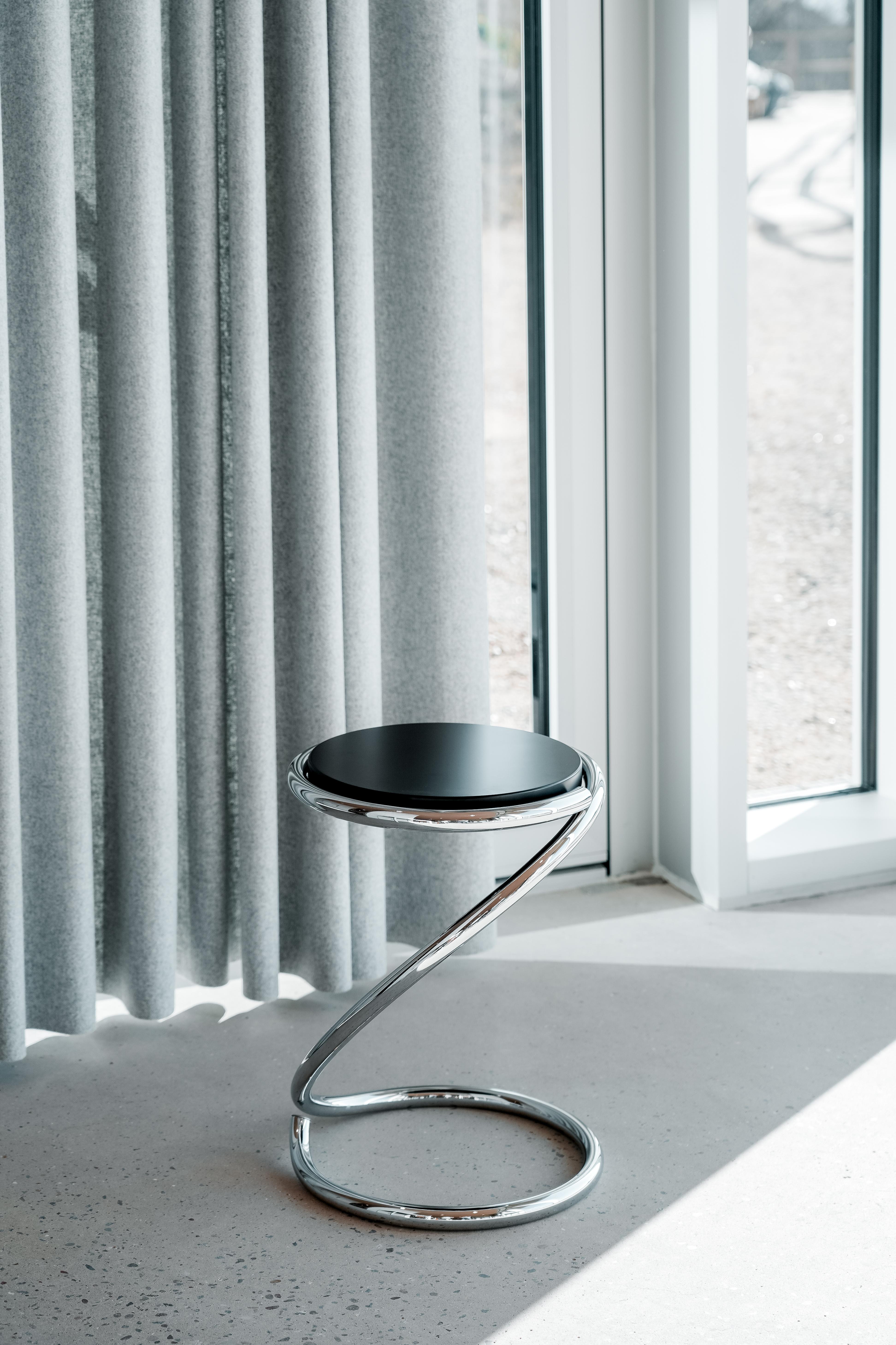 Danish PH Snake Stool, Chrome, Black Painted Satin Matt, Wood Seat, Visible Tubes For Sale