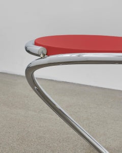 PH Snake Stool, Chrome, Red Painted Satin Matt, Wood Seat, Visible Tubes