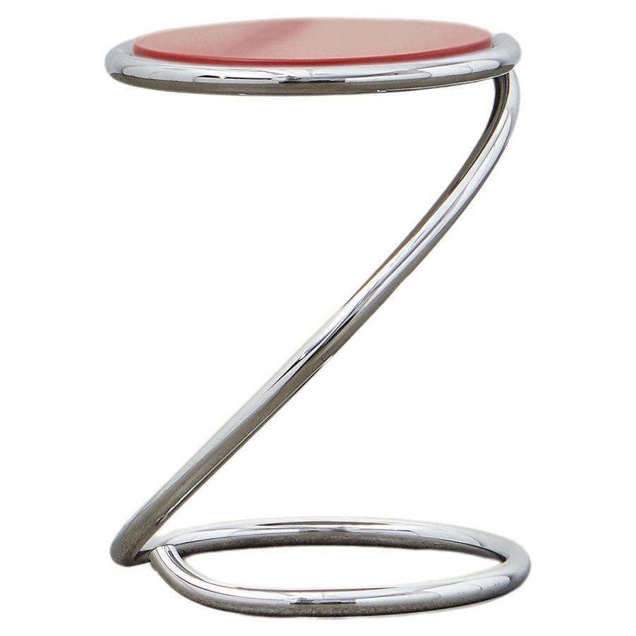 Tabouret serpent PH, chrome, satin mat peint en rouge, assise en bois, tubes visibles