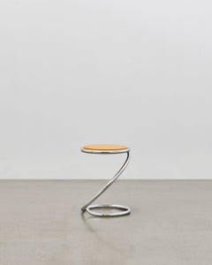 PH Snake Stool, chrome, yellow painted satin matt, wood seat, visible tubes