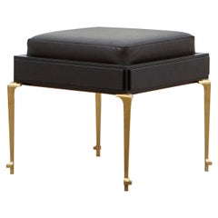 Ph Stool, Brass Legs, Black Oak Veneer, Extreme Black Leather Seat