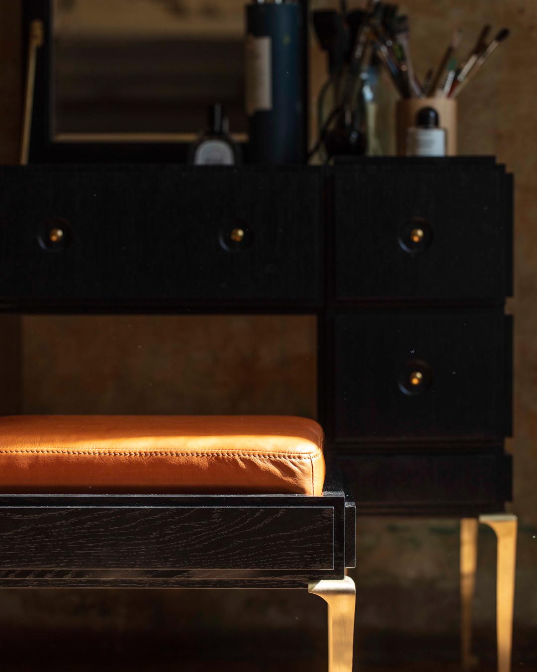Bauhaus PH Stool, Brass Legs, Black Oak Veneer, Extreme Walnut Leather Seat For Sale