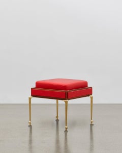 PH Stool, Brass Legs, Mahogany Veneer, Red Lamb Leather on Panels and Seat