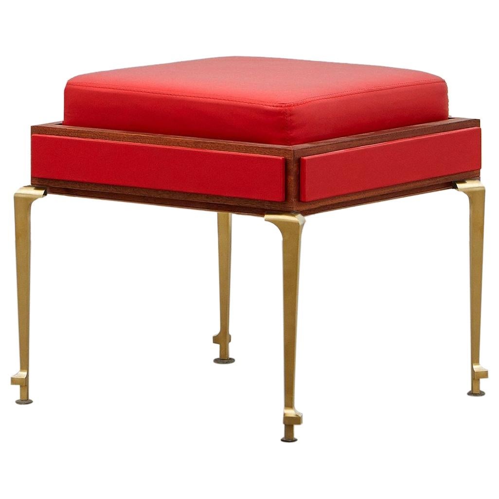 PH Stool, Brass Legs, Mahogany Veneer, Red Lamb Leather on Panels and Seat For Sale