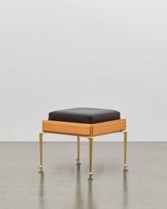 PH Stool, Brass Legs, Natural Oak Veneer, Extreme Black Leather Seat