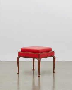 Ph Stool, Wood Legs, Mahogany Veneer, Red Lamb Leather on Panels and Seat