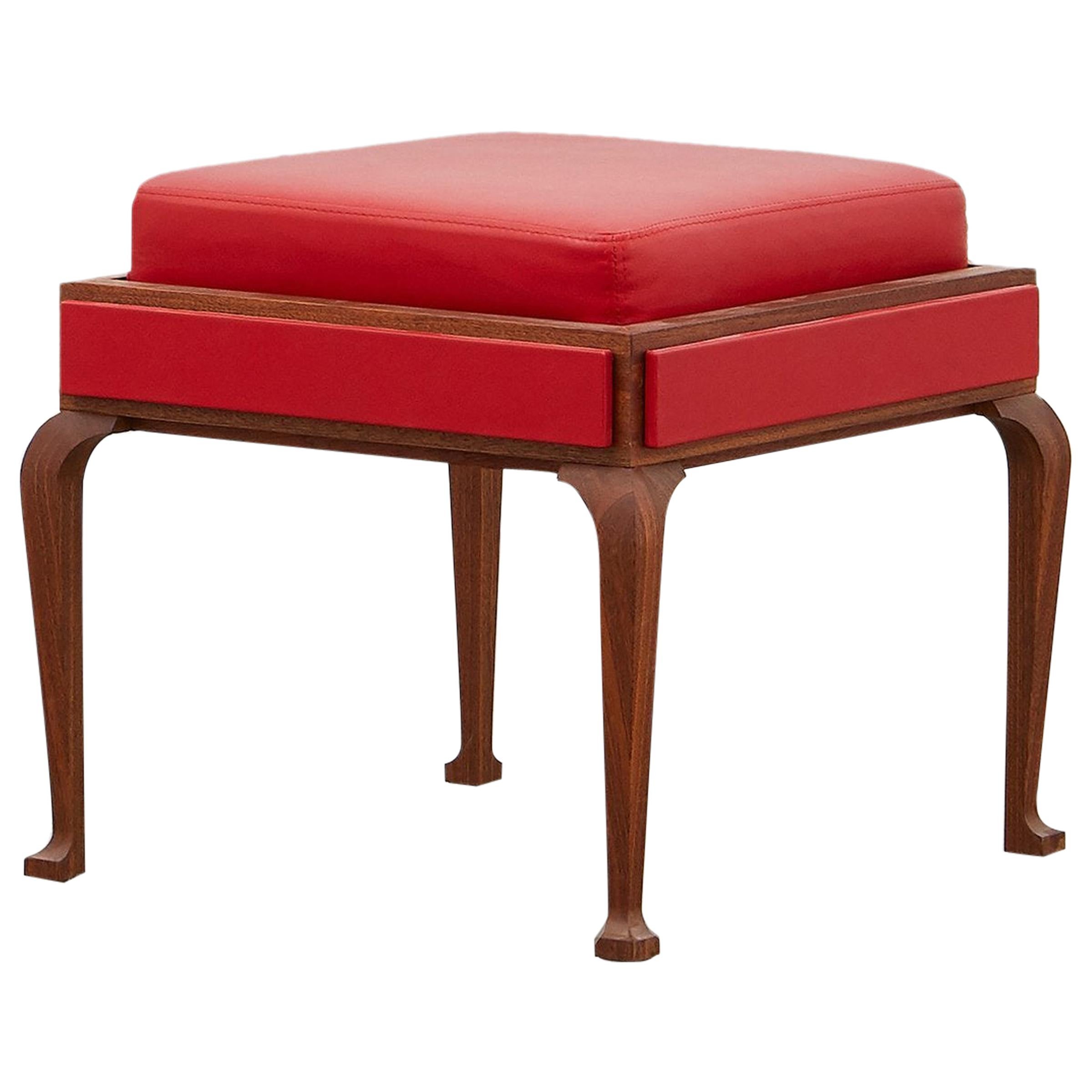 Ph Stool, Wood Legs, Mahogany Veneer, Red Lamb Leather on Panels and Seat For Sale