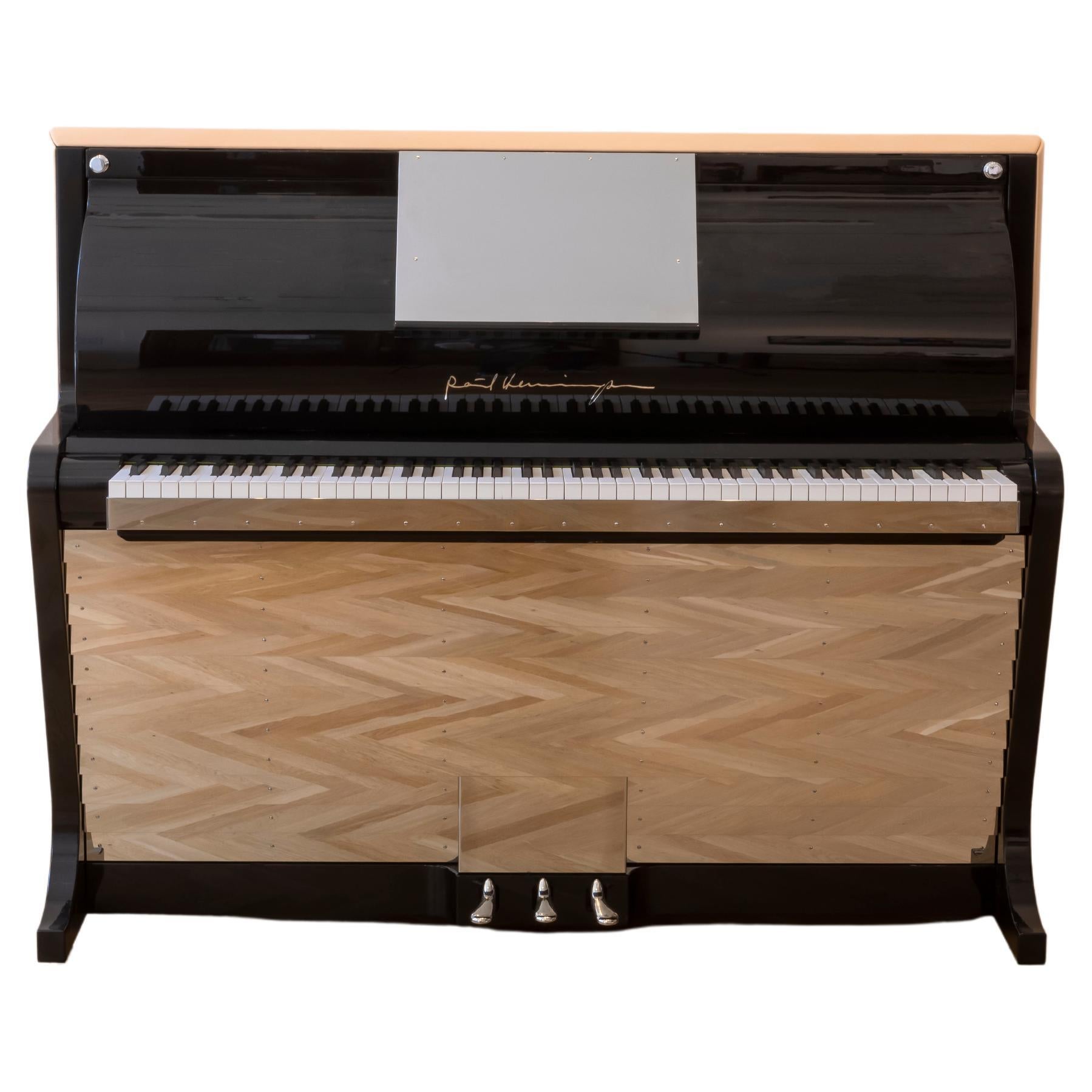 PH Upright Piano, Natural Undyed Leather with Chrome Metal Parts and Wood Panels For Sale